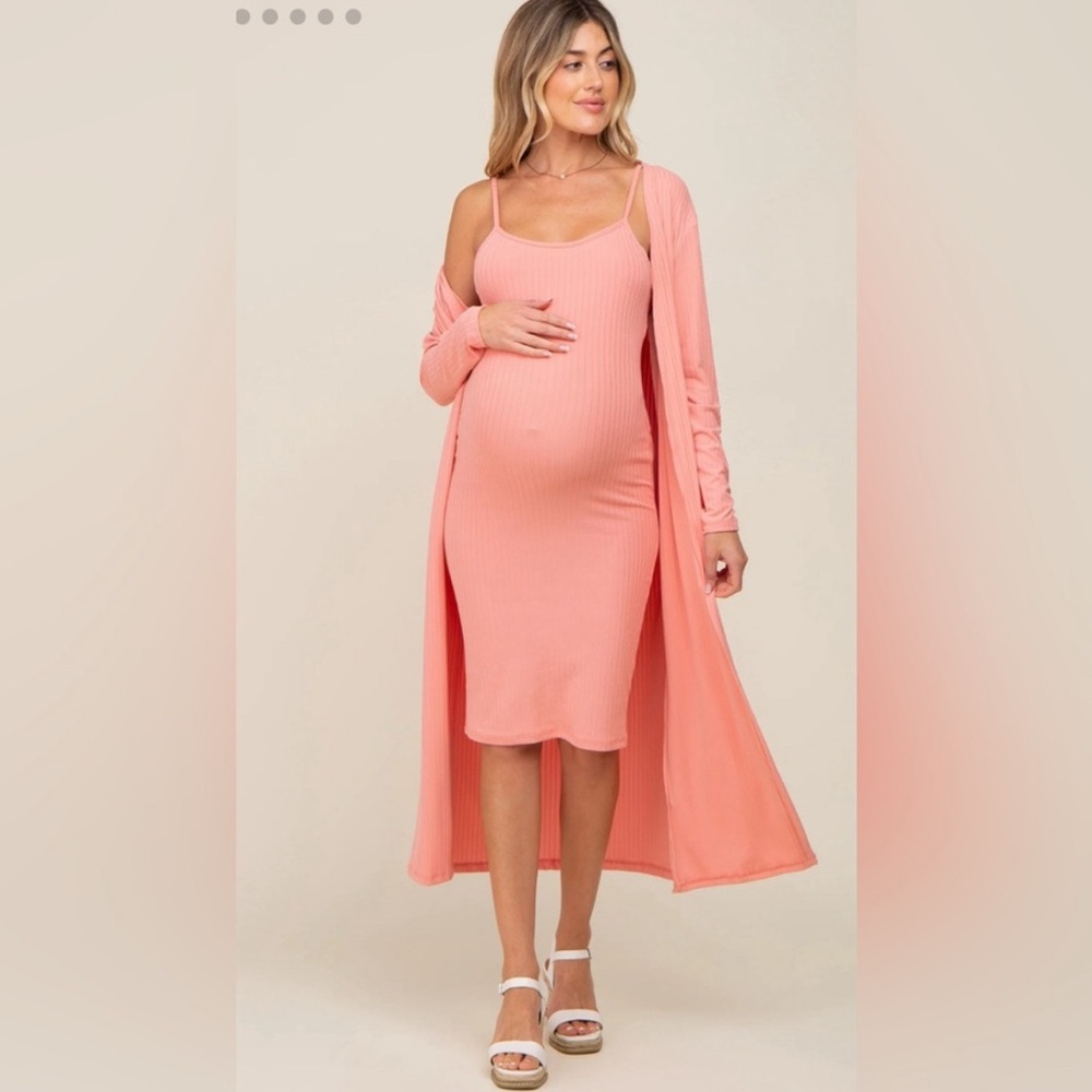 Elegant Pink/Peach Maternity Dress with Cardigan